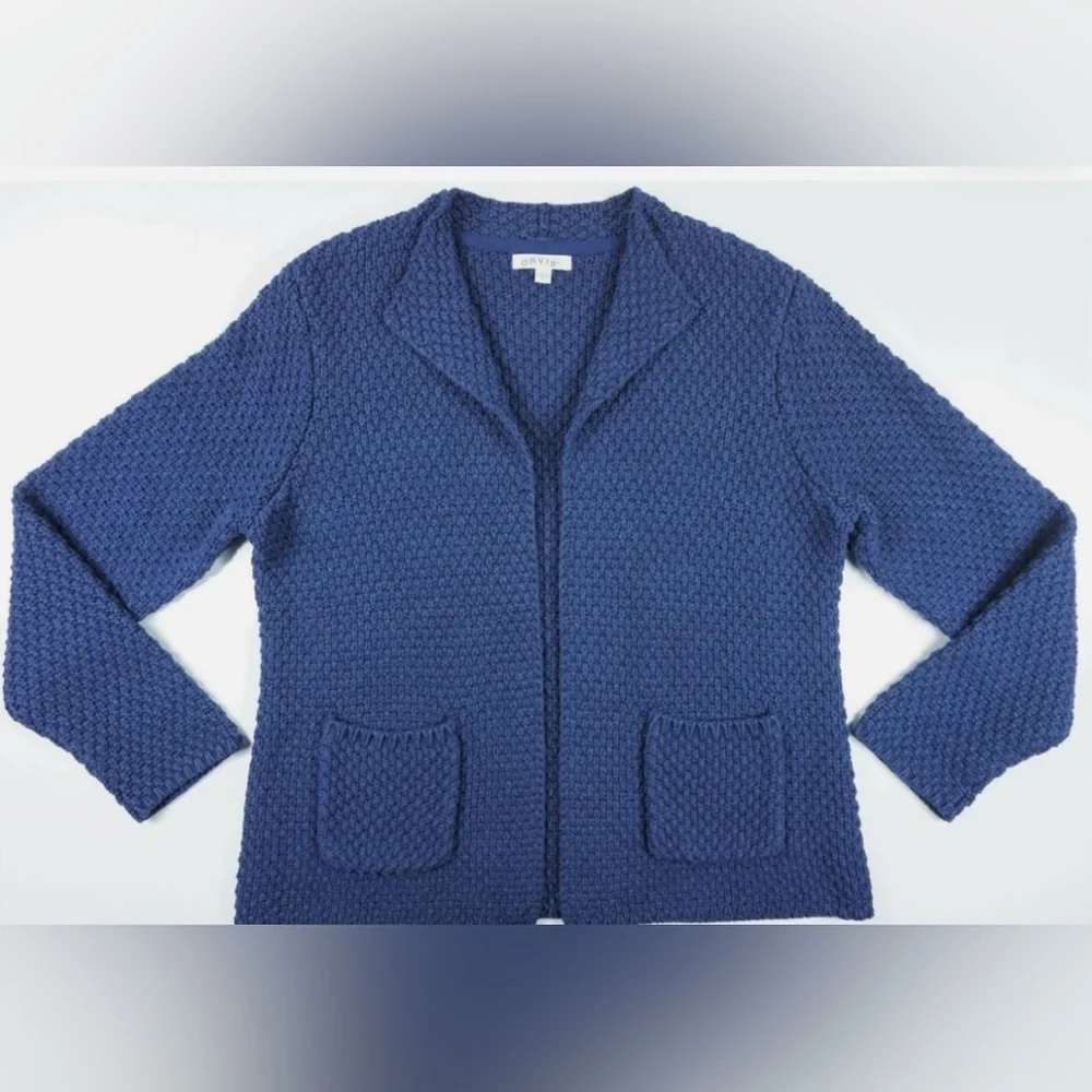 Orvis Women’s S 100% Cotton Blue Knit Textured Open Cardigan Sweater w/Pockets